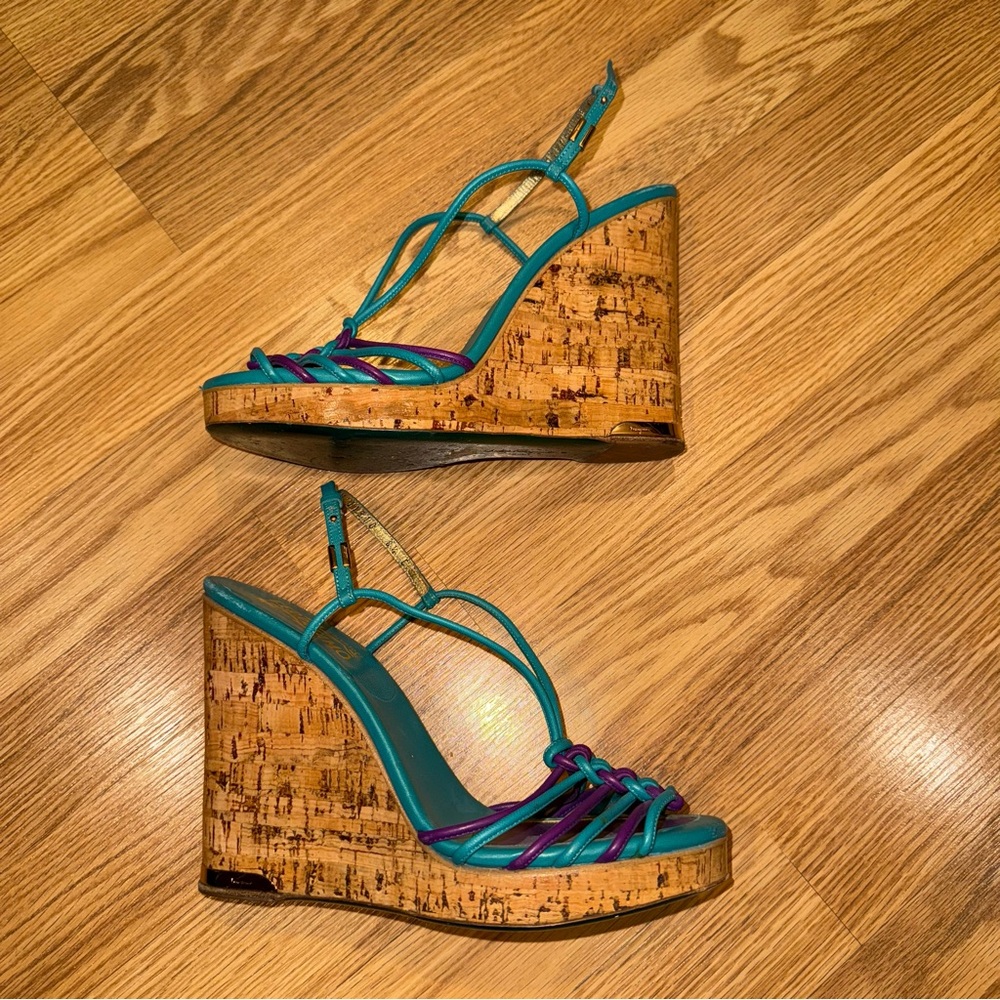 Salvatore Ferragamo‎ Purple and Teal Braided Lacquer Cork Wedge Sandals 8.5 C - Picture 4 of 11